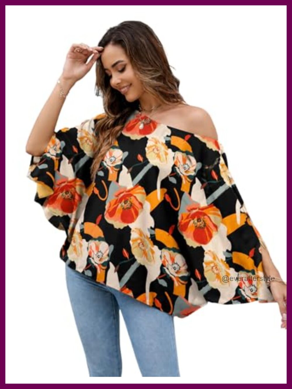 Off Shoulder Flowy Blouse with Batwing Sleeves Loose Chiffon Top